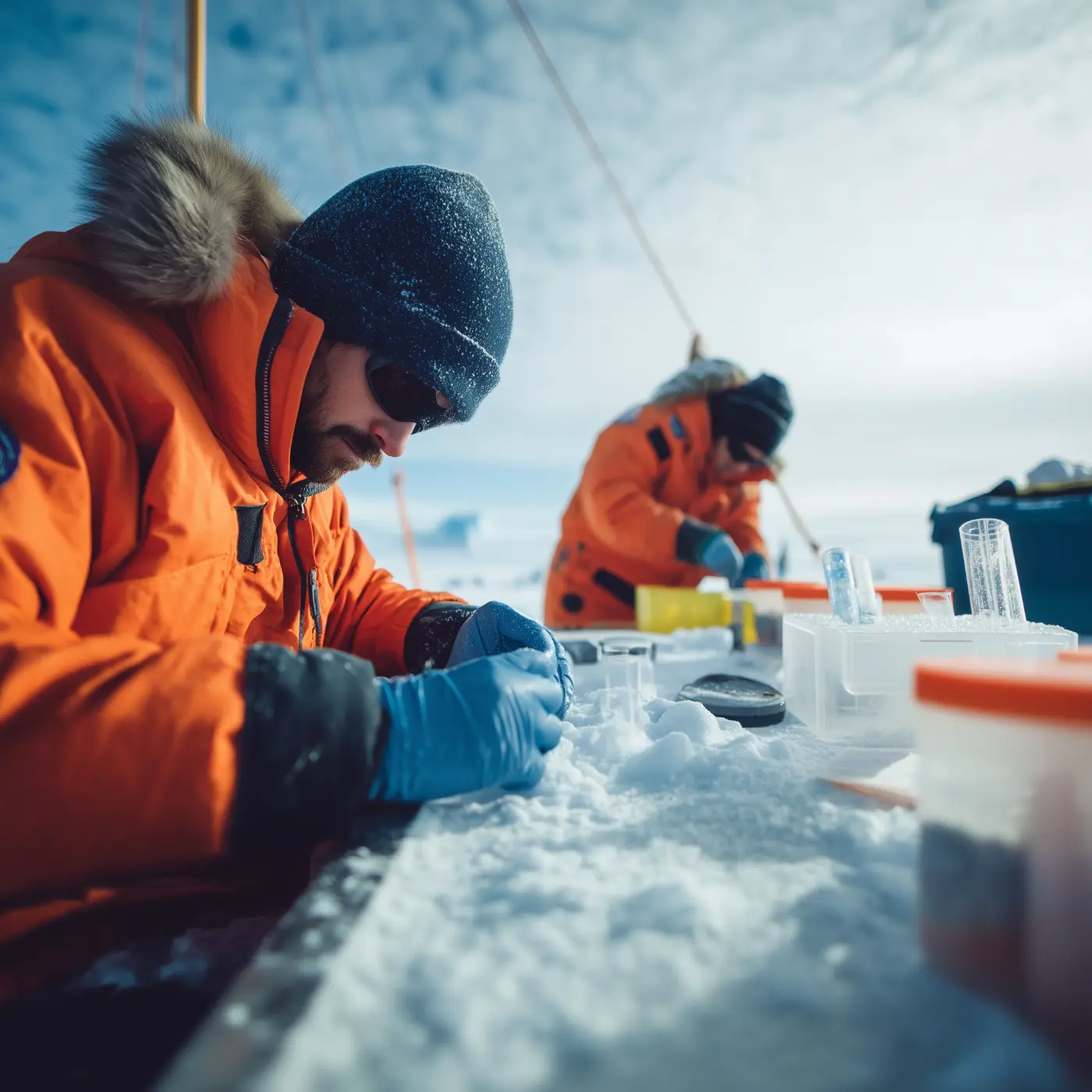 Expedition team crossing open terrain under a low sky