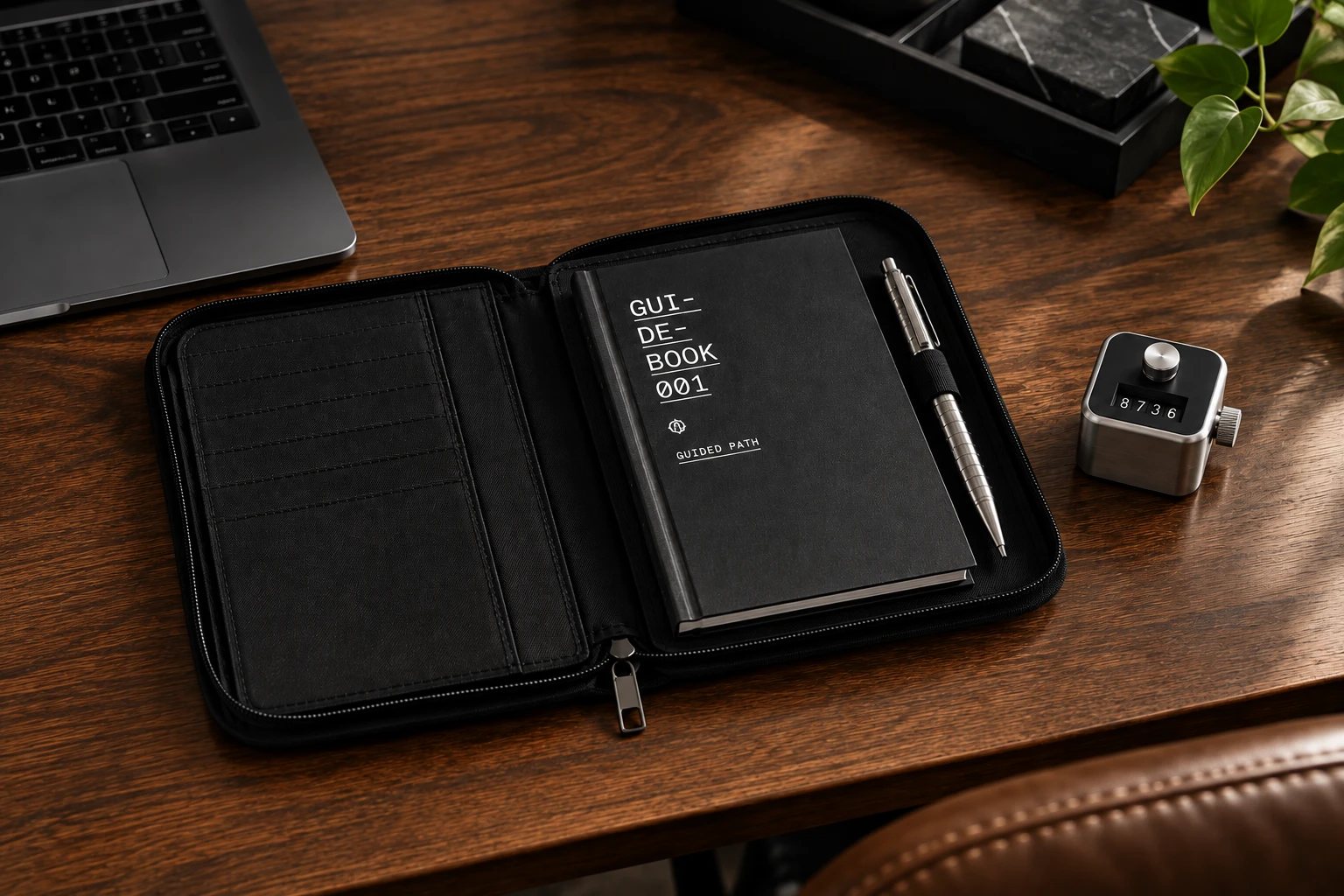 Open Guided Path folio on a desk showing the guidebook, pen and mechanical counter