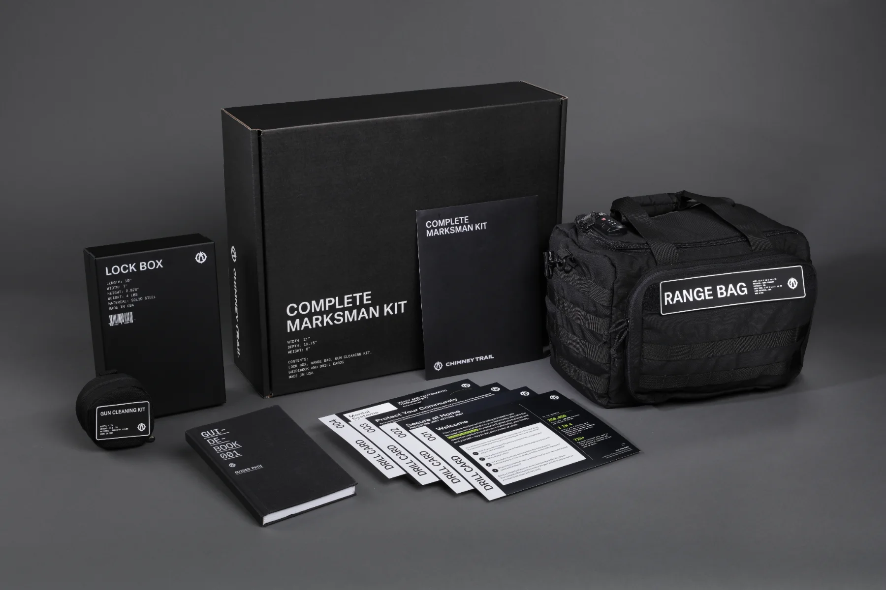 Complete Marksman Kit: shipping box, lock box, range bag, gun cleaning kit and guidebook
